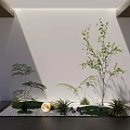 Modern Indoor Landscape With Green Plants Tree Ferns Decorative Lamp Small Stones And White Wall