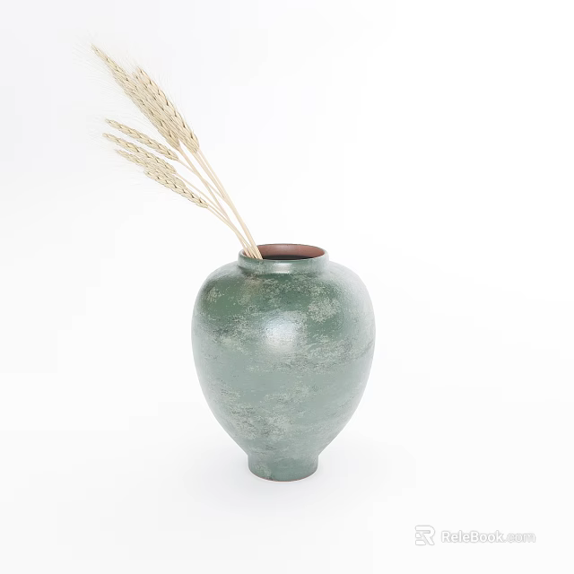 Green Rounded Ceramic Vase With Wheat Stalks On White Background Classic Design 3d model