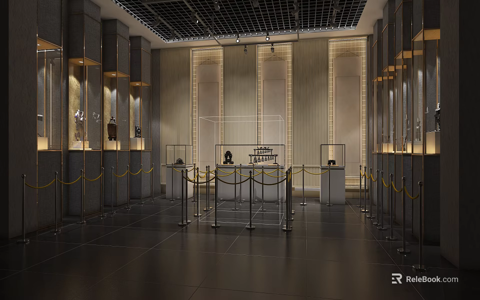 Spacious Museum Hall Interior With Glass Display Cases Yellow Ropes And Dark Floor 3d model 