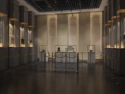 Spacious Museum Hall Interior With Glass Display Cases Yellow Ropes And Dark Floor 3d model