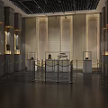 Spacious Museum Hall Interior With Glass Display Cases Yellow Ropes And Dark Floor