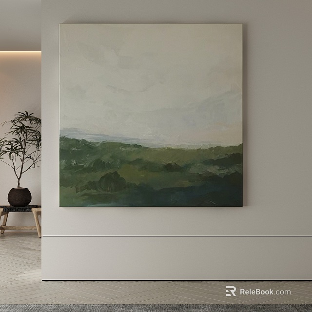 Abstract Painting Featuring Green Gray Landscape Soft Background On White Wall With Potted Plant 3d model 