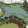 Modern Park Landscape With Curved Architecture Lake Paths And Green Spaces