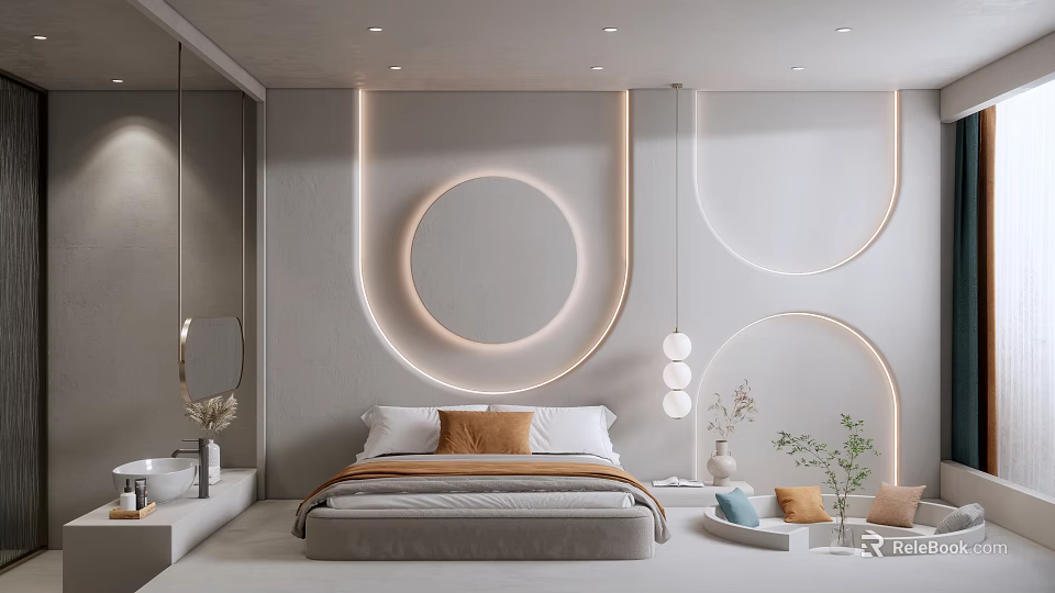 Hotel Guest Room Interior With Circular And U Shaped Lighting Fixtures Modern Minimalist Design 3d model 