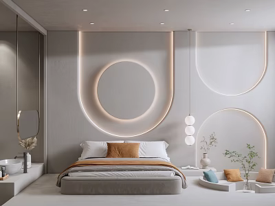 Hotel Guest Room Interior With Circular And U Shaped Lighting Fixtures Modern Minimalist Design 3d model