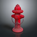Red Fire Hydrant With Metal Chains And Shiny Base On Dark Background