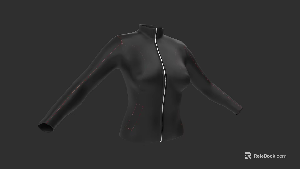 Black Jacket With White Zipper Long Sleeves And Red Stitching Design 3d model 