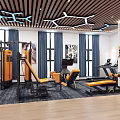 Modern Activity Room With Wooden Flooring Ceiling Strips And Blue Wall Decor Icons