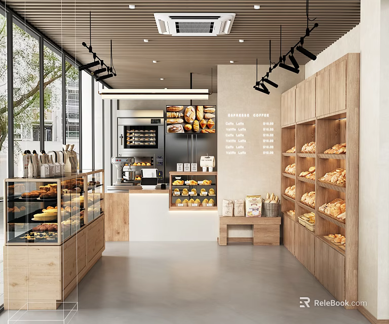 Bright Dessert Shop Interior With Wooden Shelves And Baked Goods 3d model 