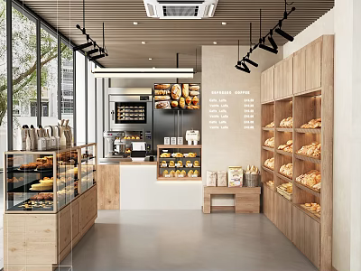 Bright Dessert Shop Interior With Wooden Shelves And Baked Goods 3d model