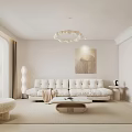 Modern Living Room Interior Design With White Sofa Round Pendant Light Artwork And Green Plant