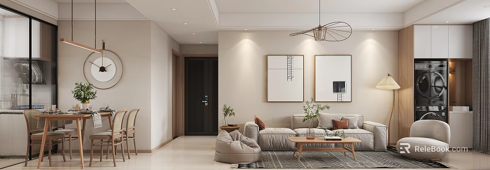 Modern Living and Dining Room Interior With Sofa Coffee Table Wall Art Pendant Light and Plants 3d model 