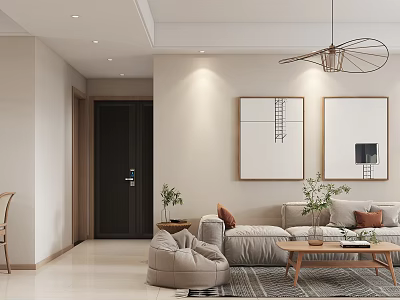 Modern Living and Dining Room Interior With Sofa Coffee Table Wall Art Pendant Light and Plants 3d model