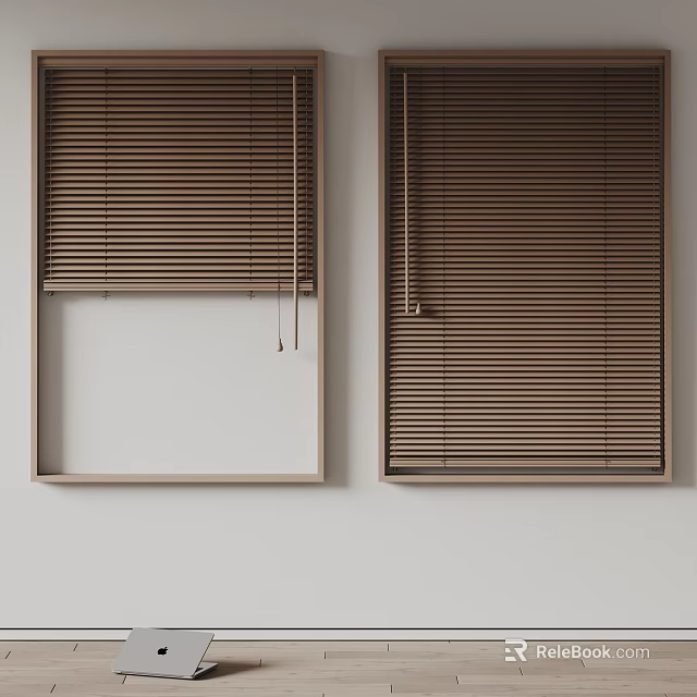 Modern Brown Venetian Blinds With Wooden Texture And Clean Design Installed On Home Windows 3d model 