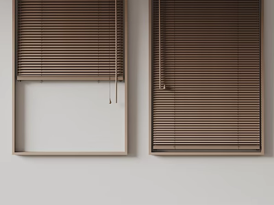 Modern Brown Venetian Blinds With Wooden Texture And Clean Design Installed On Home Windows 3d model