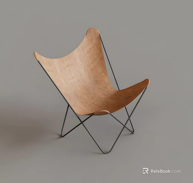 Modern Leisure Chair With Light Brown Wooden Seat And Black Metal Frame 3d model 