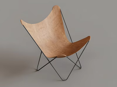 Modern Leisure Chair With Light Brown Wooden Seat And Black Metal Frame 3d model
