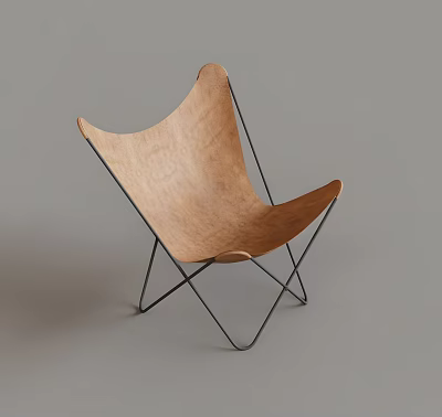 Modern Leisure Chair With Light Brown Wooden Seat And Black Metal Frame 3d model