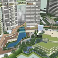 Modern High Rise Residential Complex With Green Spaces And Swimming Pool Area