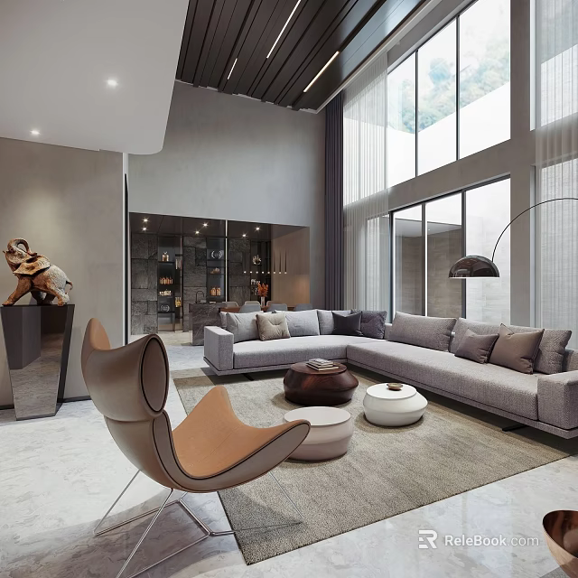 Modern Duplex Living Room Interior With High Ceiling Large Windows And Gray Sofa 3d model 