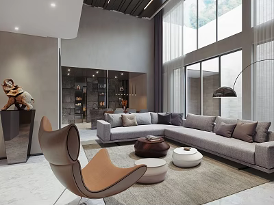 Modern Duplex Living Room Interior With High Ceiling Large Windows And Gray Sofa 3d model
