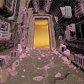 Desert Cave Interior Featuring Sand Rocks Equipment Cables And Orange Light Exit