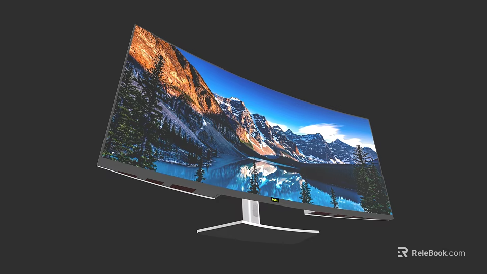 Curved Computer Monitor Displaying Stunning Natural Mountain Lake Scenery in High Definition 3d model 