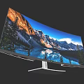 Curved Computer Monitor Displaying Stunning Natural Mountain Lake Scenery in High Definition