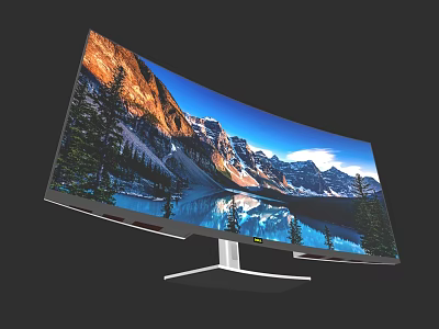 Curved Computer Monitor Displaying Stunning Natural Mountain Lake Scenery in High Definition 3d model