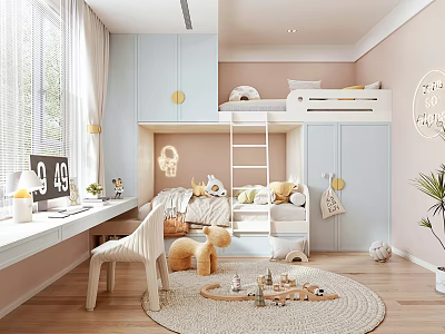 Cozy Kids Room With Bunk Bed Desk Chair Toys Rug And Soft Pastel Cabinets 3d model
