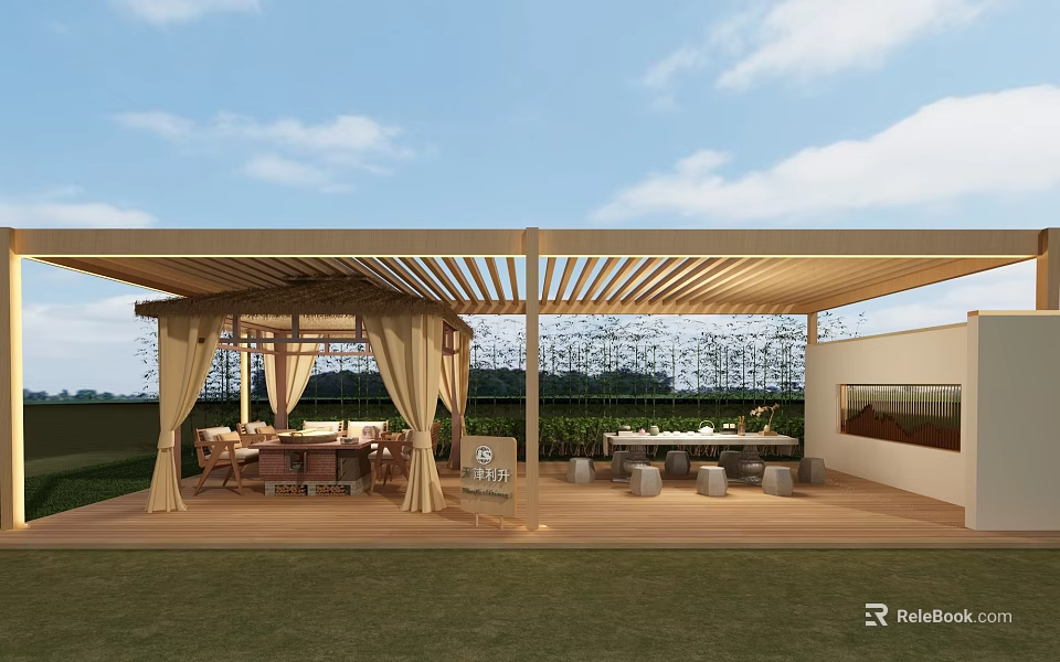 Serene Outdoor Patio With Wooden Pergola Curtains Dining Tables Chairs And Green Lawn 3d model 