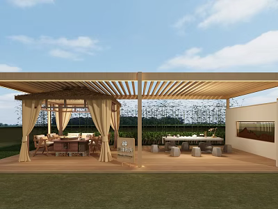 Serene Outdoor Patio With Wooden Pergola Curtains Dining Tables Chairs And Green Lawn 3d model