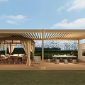 Serene Outdoor Patio With Wooden Pergola Curtains Dining Tables Chairs And Green Lawn