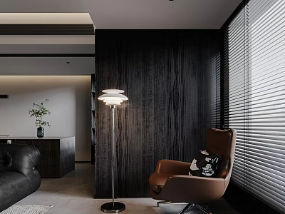 Modern Living Room Interior With Comfortable Brown Accent Chair Floor Lamp And Wooden Wall Blinds 3d model