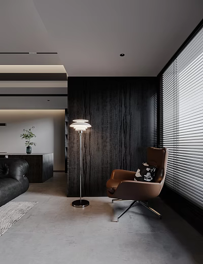Modern Living Room Interior With Comfortable Brown Accent Chair Floor Lamp And Wooden Wall Blinds 3d model