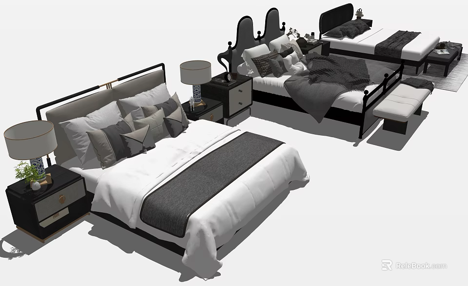 Stylish Double Bed Interior With Nightstand Table Lamp Pillows And Comforter 3d model 