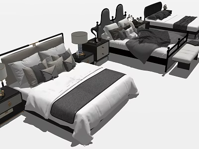 Stylish Double Bed Interior With Nightstand Table Lamp Pillows And Comforter 3d model