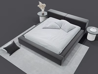 Double Bed with Grey Frame White Bedspread Pillows Nightstands Vase Dried Flowers Rug Black Cushion 3d model