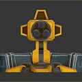 Futuristic Yellow Multi Barrel Turret Weapon With Mechanical Base And Blue Crates