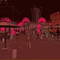 Scenic Night Pedestrian Street With Bright Lighting Shop Signs Pedestrians Trees and Outdoor Seating