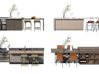 Modern Bar Counter Interior Design With Wooden Top Stools And Potted Plants 3d model