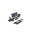 Modern Computer Monitor Setup With Ergonomic Stand Keyboard Mouse Sculpture Potted Plant And Books