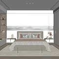Contemporary Bedroom Interior Design With Mountain Pattern Headboard Nightstands Table Lamps And Window Bookshelf