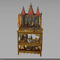 Traditional Decorative Wooden Altar Furniture Featuring Red Golden Roof And Multi Tiered Shelves With Deities