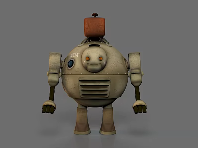 Vintage Mechanical Robot Game And Movie Character With Round Body Red Top And Yellow Eyes 3d model