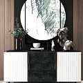 Modern Entryway Cabinet And Side Cabinet With Circular Decorative Painting Green Plant And Storage Shelves