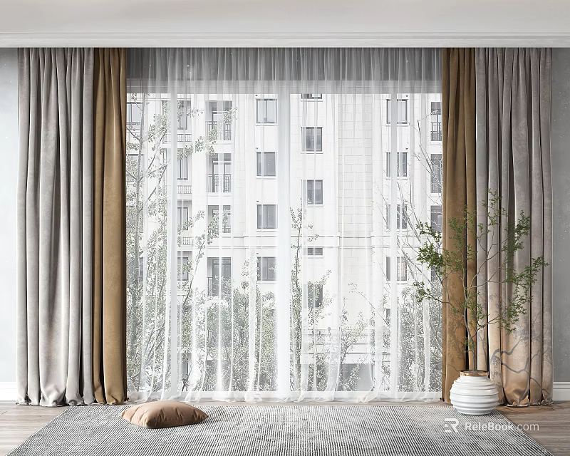 Grey And Beige Curtains With White Sheer By Window Building View Indoor Plant And Rug 3d model 
