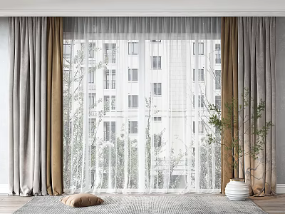 Grey And Beige Curtains With White Sheer By Window Building View Indoor Plant And Rug 3d model