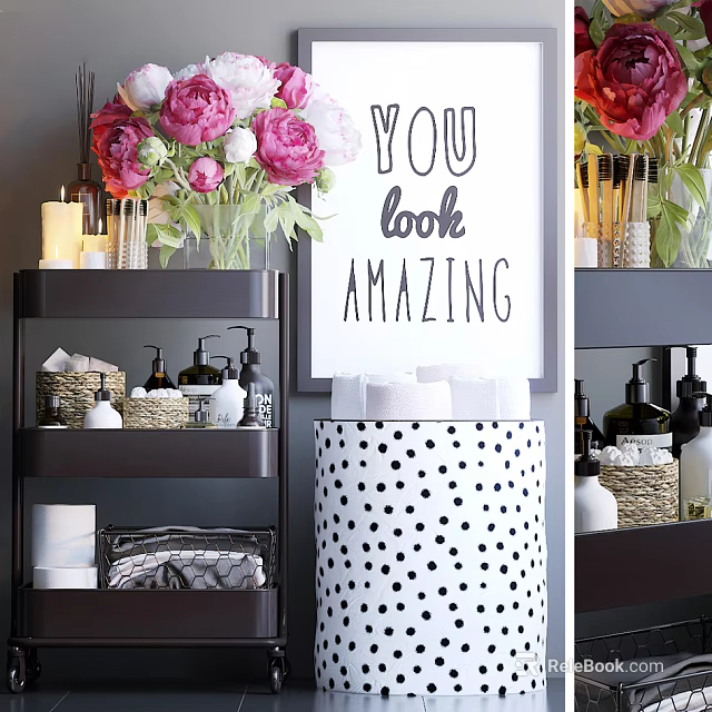 Stylish Bathroom Accessories With Organized Shelves Toiletries Decorative Flowers And Polka Dot Storage Bin 3d model 