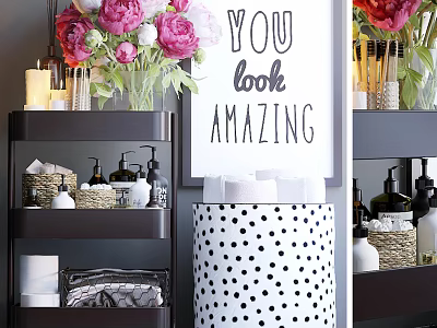 Stylish Bathroom Accessories With Organized Shelves Toiletries Decorative Flowers And Polka Dot Storage Bin 3d model